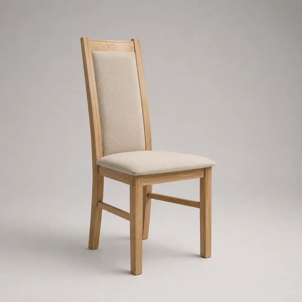 Gepolsterter Esszimmerstuhl aus massivem Eichenholz mit Stoffbezug und hoher Rückenlehne, Natur/Beige, 45 × 52 × 96 cm