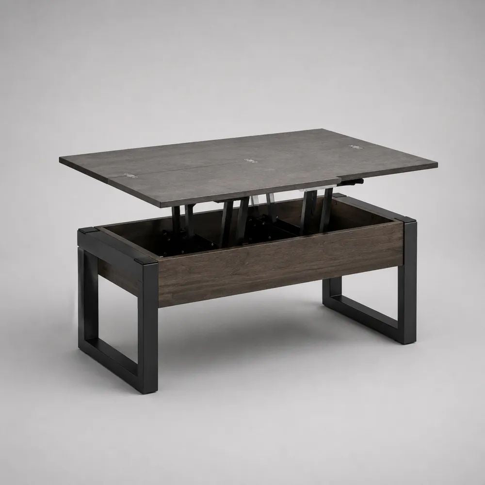 Höhenverstellbarer Couchtisch aus MDF und Stahl mit Hubfunktion und Stauraum, Grau/Dunkelbraun/Schwarz, 100 × 50 × 48–63 cm