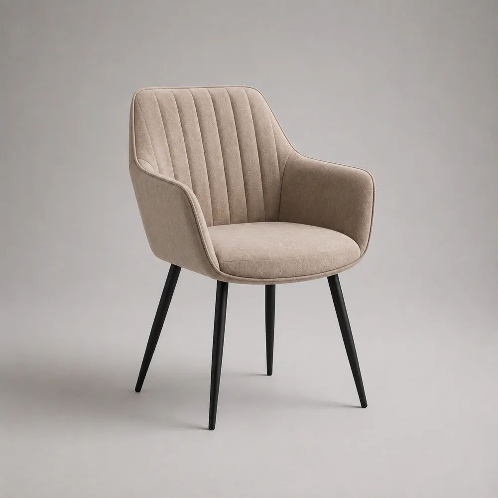 Gepolsterter Esszimmerstuhl mit Armlehnen aus Polyester und Stahl, Beige/Schwarz, 58 × 61 × 84 cm