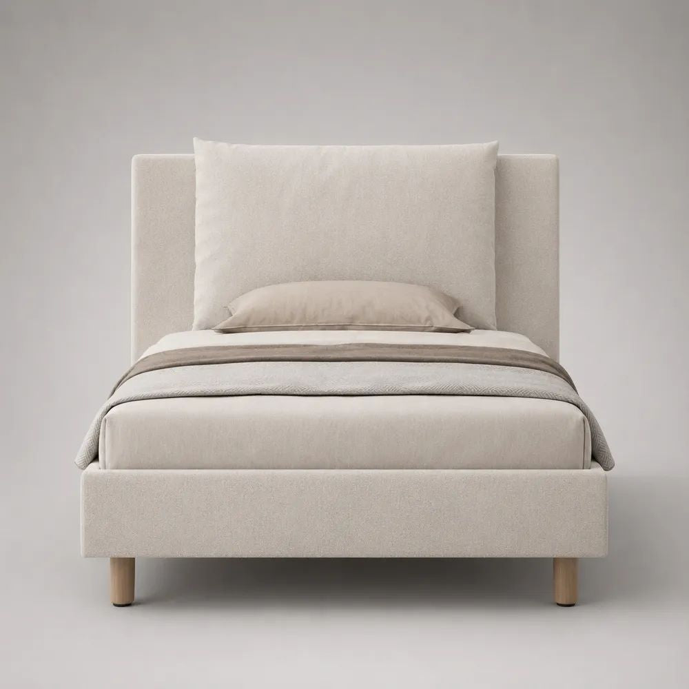 Stauraumbett 90 x 200 cm mit Bettkasten, Lattenrost, Polyesterbezug und MDF-Rahmen, Creme/Naturfarben