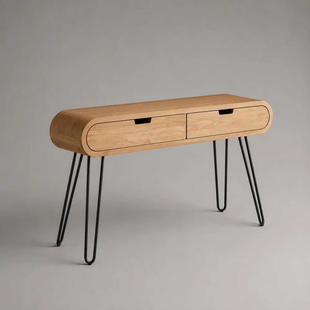 Konsolentisch mit 2 Schubladen, MDF mit Eichenfurnier und Stahlgestell, Natur/Schwarz, 120 × 35 × 78 cm