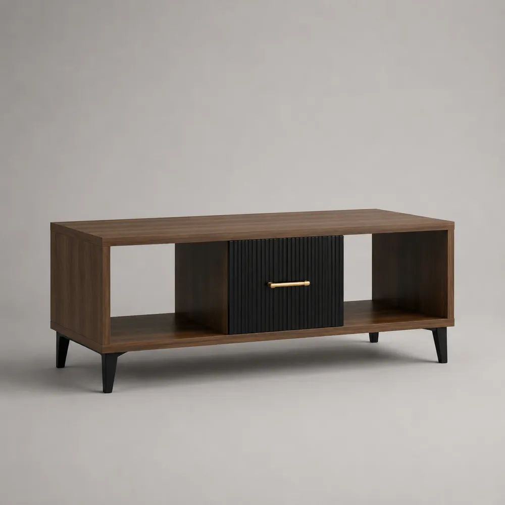 Rechteckiger Couchtisch mit Schublade und 2 Ablagefächern aus Holz und Metall, Walnussbraun/Schwarz/Goldfarben, 110 × 55 × 45 cm