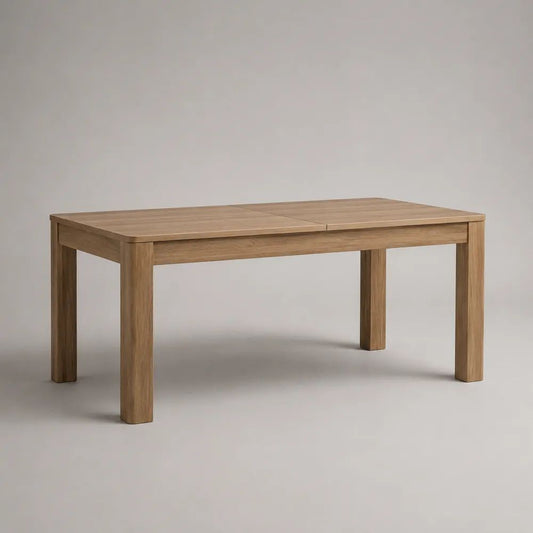 Ausziehbarer rechteckiger Esstisch aus massivem Gummibaumholz, Eiche Natur, 120–160 × 80 × 75 cm