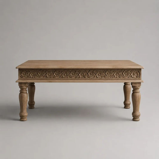 Couchtisch aus massivem Mangoholz, 110 × 60 × 45 cm, rechteckig, Naturbraun, mit floraler Reliefschnitzerei