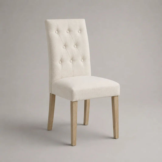 Gepolsterter Esszimmerstuhl aus Stoff mit Knopfheftung und Holzbeinen, Creme/Natur, 46 × 58 × 98 cm