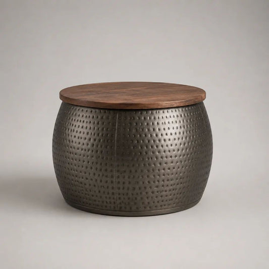 Runder Couchtisch aus Eisen und massivem Mangoholz, gehämmert, Braun/Anthrazit, Ø 70 × H 45 cm