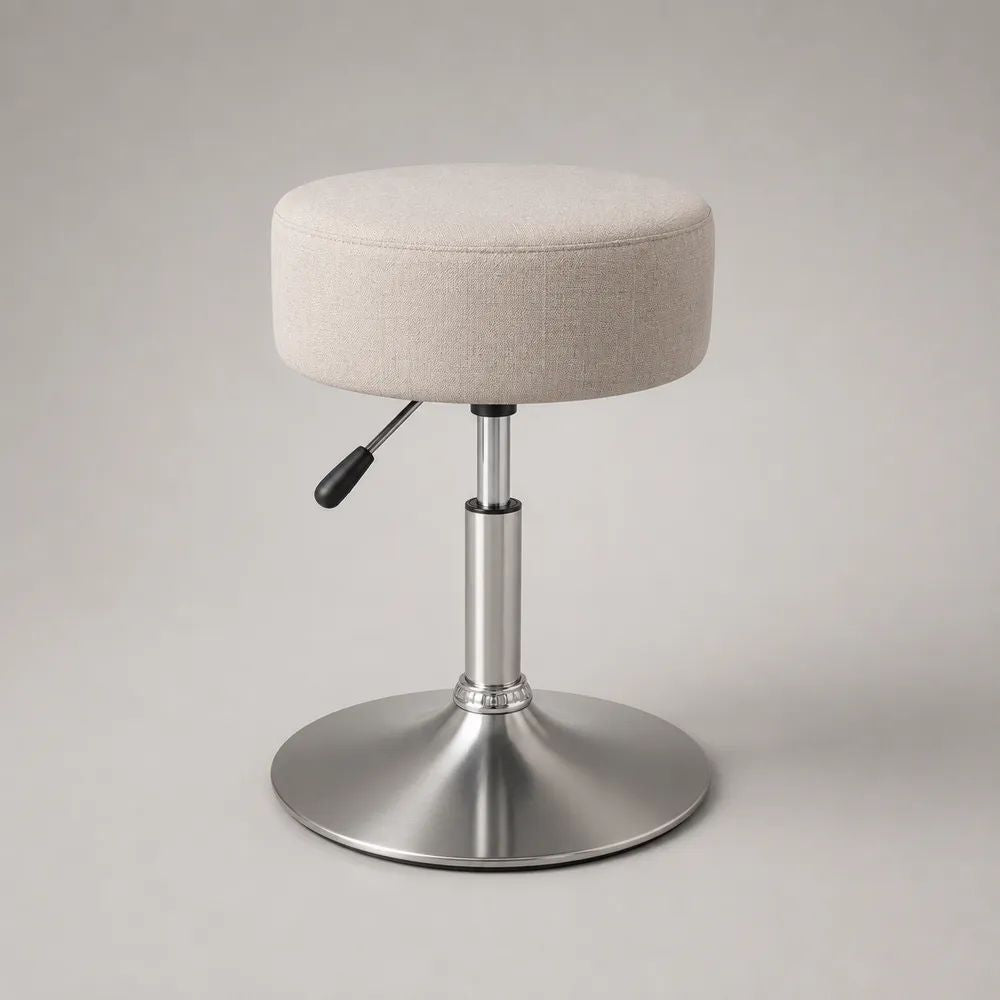 Höhenverstellbarer runder Drehhocker aus Stoff und Metall in Beige, Ø 40 cm, Höhe 45–57 cm