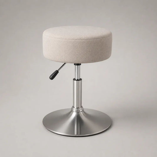 Höhenverstellbarer runder Drehhocker aus Stoff und Metall in Beige, Ø 40 cm, Höhe 45–57 cm