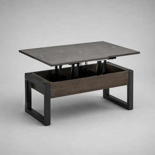 Höhenverstellbarer Couchtisch aus MDF und Stahl mit Hubfunktion und Stauraum, Grau/Dunkelbraun/Schwarz, 100 × 50 × 48–63 cm