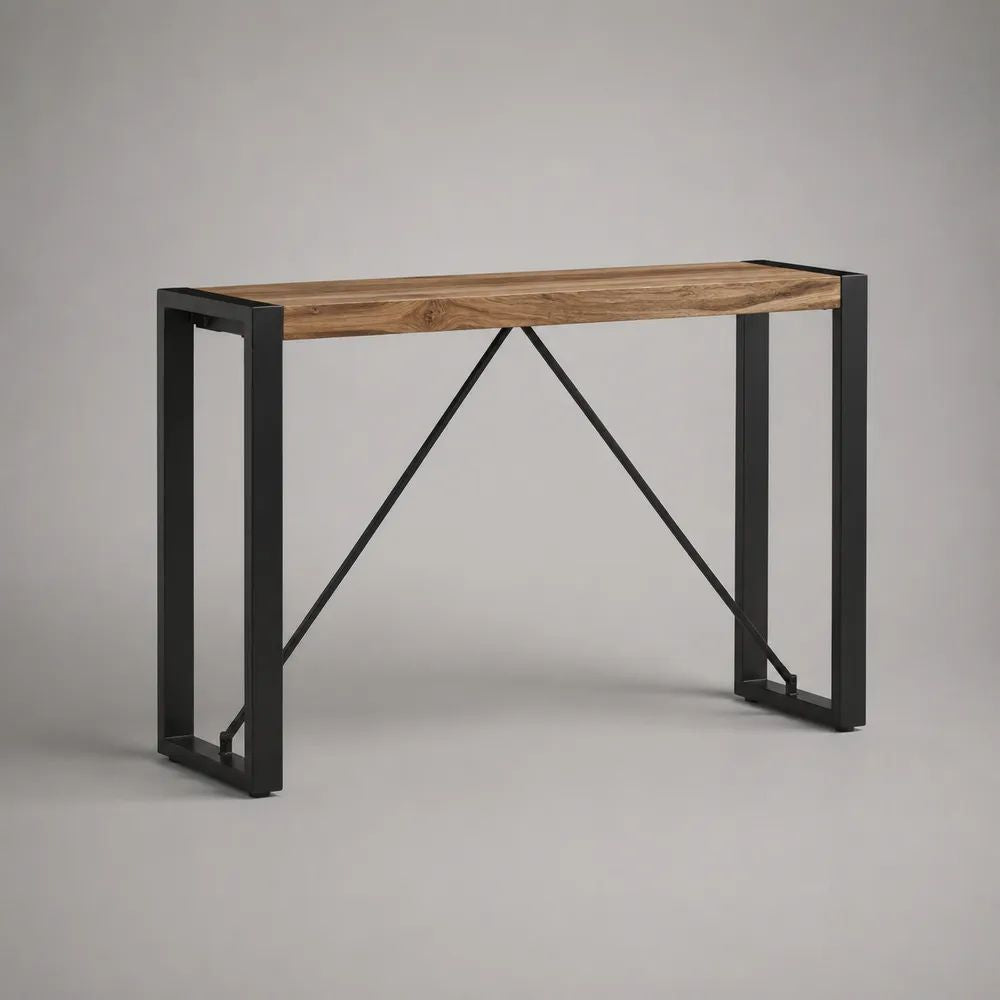 Rechteckiger Konsolentisch aus massivem Akazienholz und pulverbeschichtetem Stahl, Naturbraun/Schwarz, 120 × 35 × 80 cm