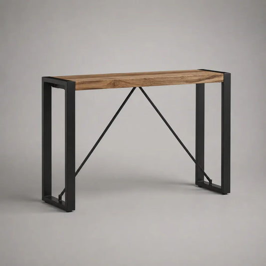 Rechteckiger Konsolentisch aus massivem Akazienholz und pulverbeschichtetem Stahl, Naturbraun/Schwarz, 120 × 35 × 80 cm