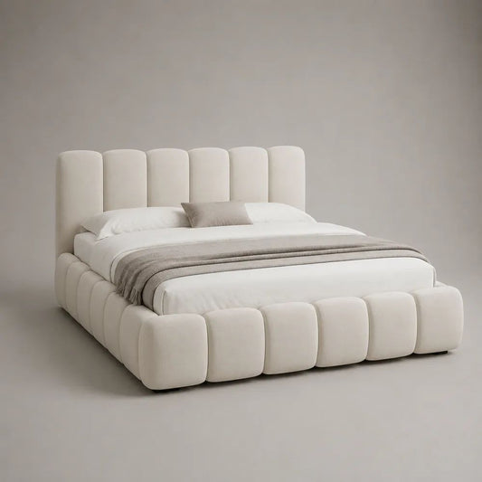 Stauraumbett 180 x 200 cm, Polsterbett mit Bettkasten und Lattenrost, Polyestersamt, Cremeweiß