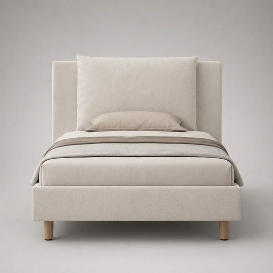 Stauraumbett 90 x 200 cm mit Bettkasten, Lattenrost, Polyesterbezug und MDF-Rahmen, Creme/Naturfarben