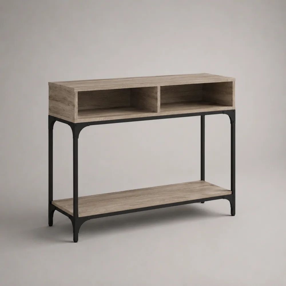 Konsolentisch aus Spanplatte und Stahl mit 2 offenen Fächern und Ablage, Grau/Schwarz, 100 × 30 × 80 cm