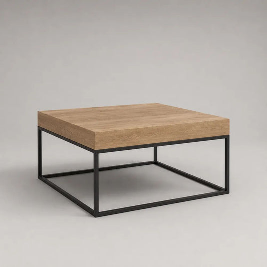 Quadratischer Couchtisch aus MDF mit Eichenfurnier und Stahlgestell, Natur/Schwarz, 80 × 80 × 45 cm
