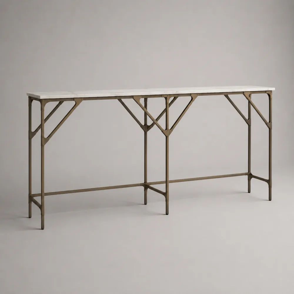 Rechteckiger Konsolentisch aus weißem Marmor und pulverbeschichtetem Stahl, Weiß/Bronze, 180 × 35 × 80 cm